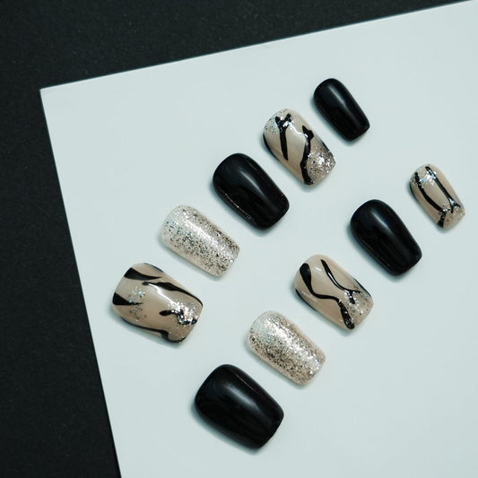 Tesytto marble press-on nails with zebra stripe for reusable salon-style look