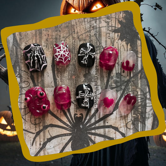 Tesytto Nightmare press-on nails with detailed 3D designs for expressive gothic style.