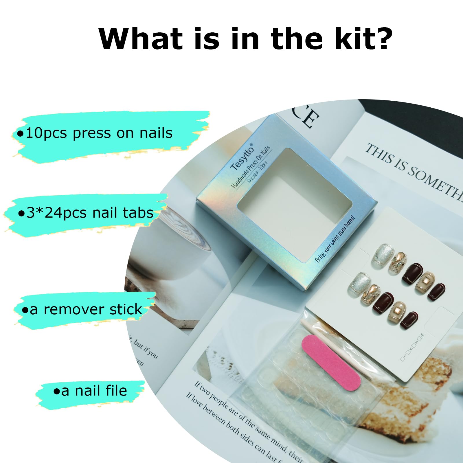Tesytto packaging content nails with tabs and file for easy application.