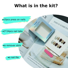 Tesytto packaging content nails with tabs and file for easy application.