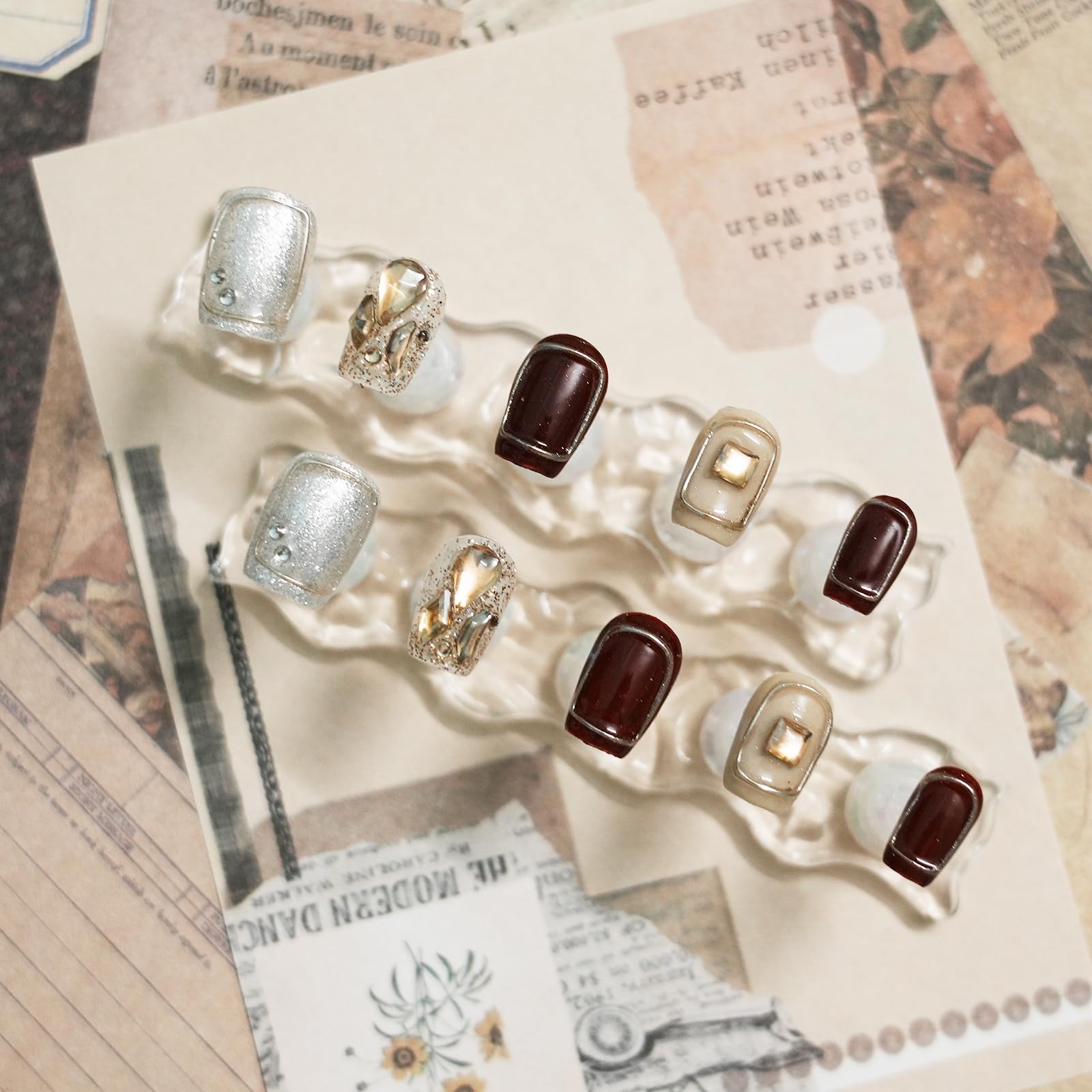 Tesytto short coffin 3D nails in burgundy finish for chic date nights.