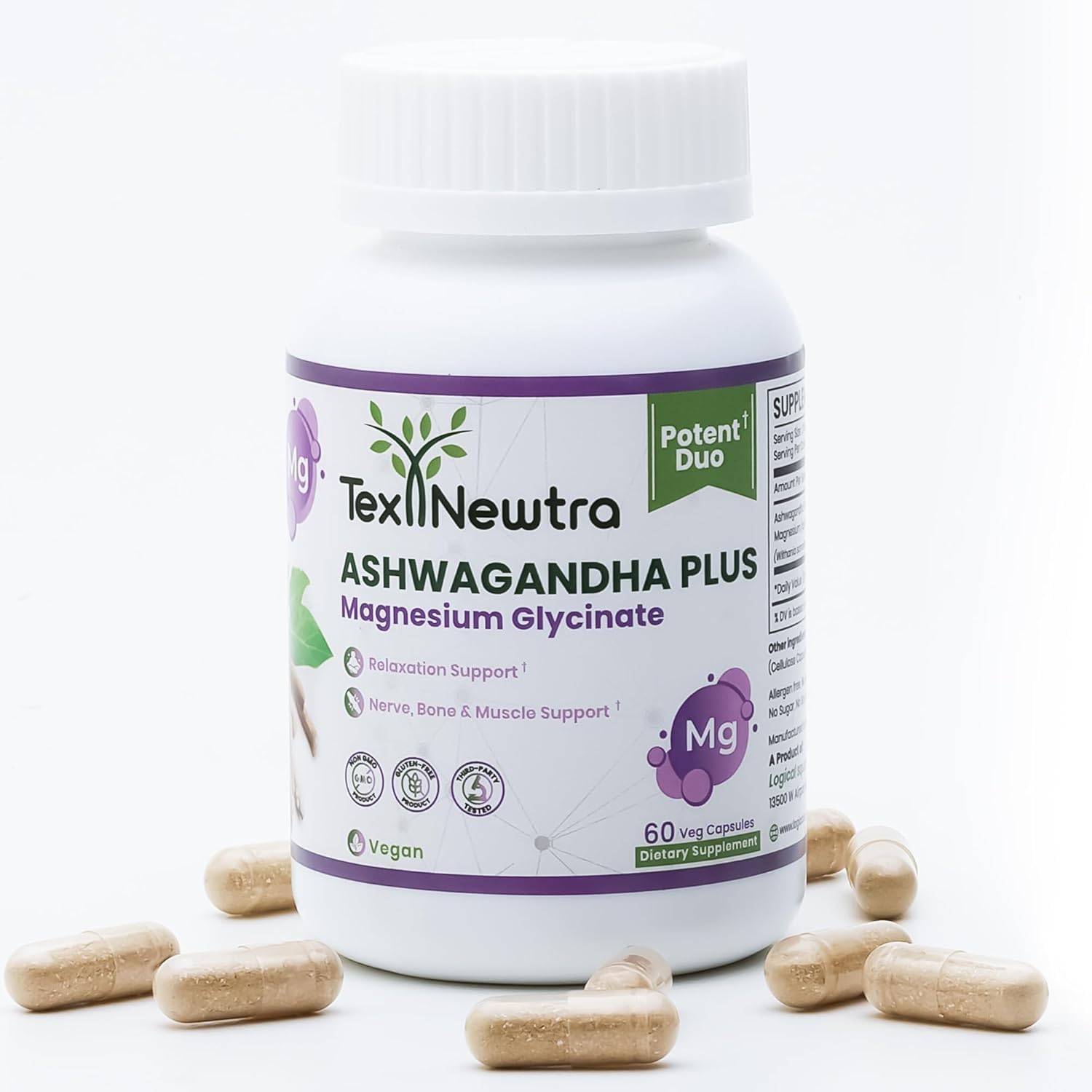 Tex Newtra Ashwagandha and Magnesium Glycinate supplement bottle – hero image