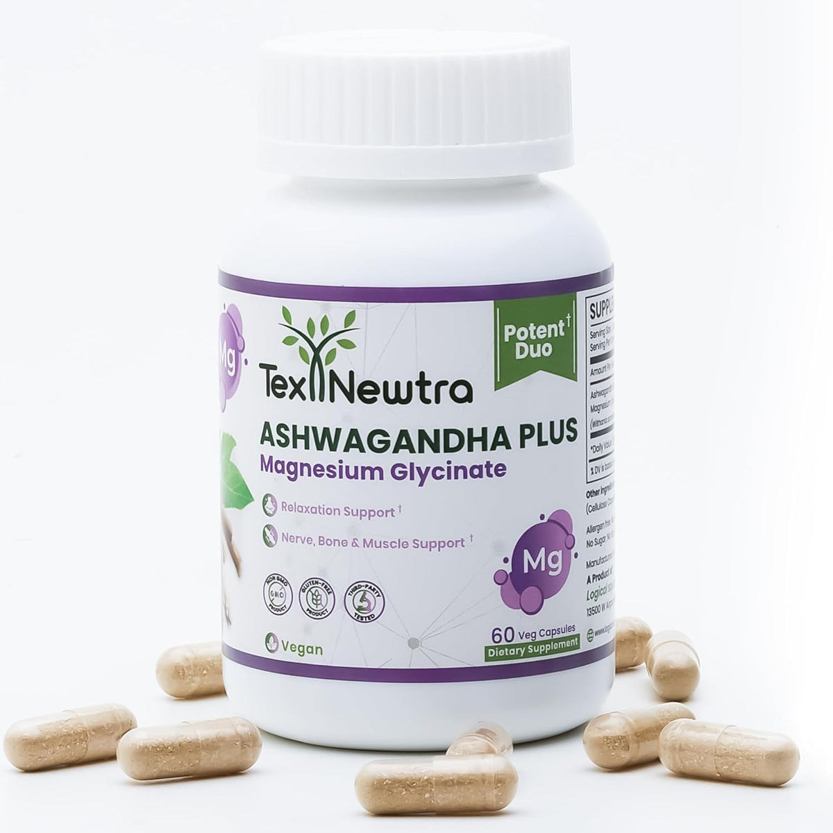 Tex Newtra Ashwagandha and Magnesium Glycinate supplement bottle – hero image