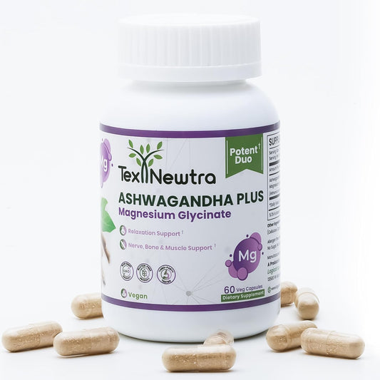 Tex Newtra Ashwagandha and Magnesium Glycinate supplement bottle – hero image