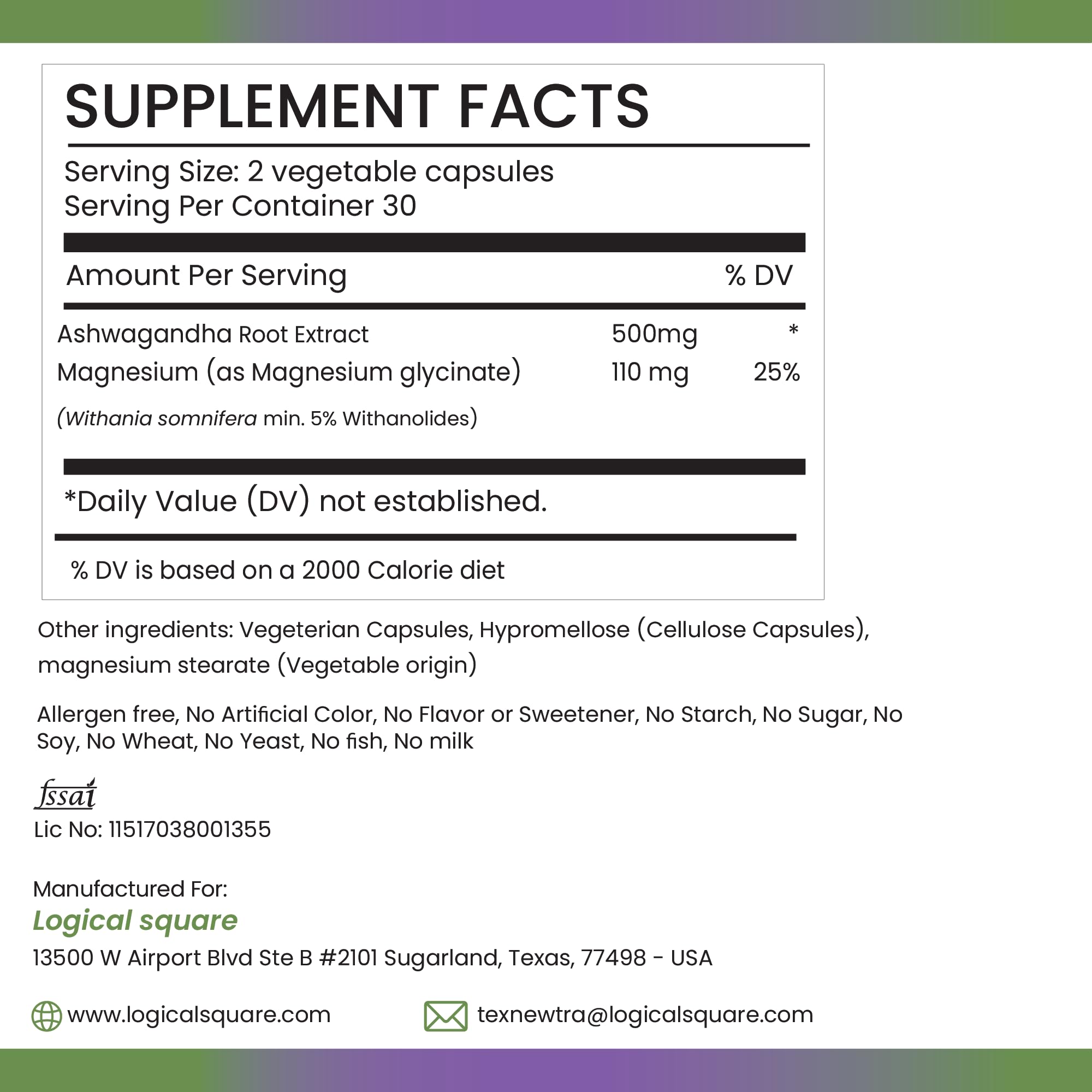 Ashwagandha root extract (5% Withanolides, KSM-66) per serving