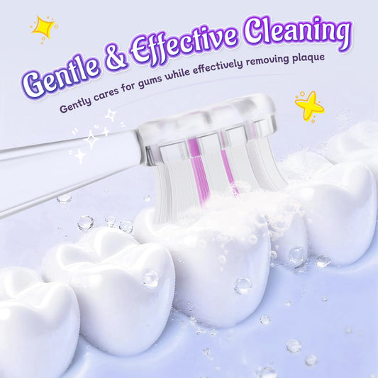 Close-up of bear-shaped toothbrush handle with soft bristles, purple