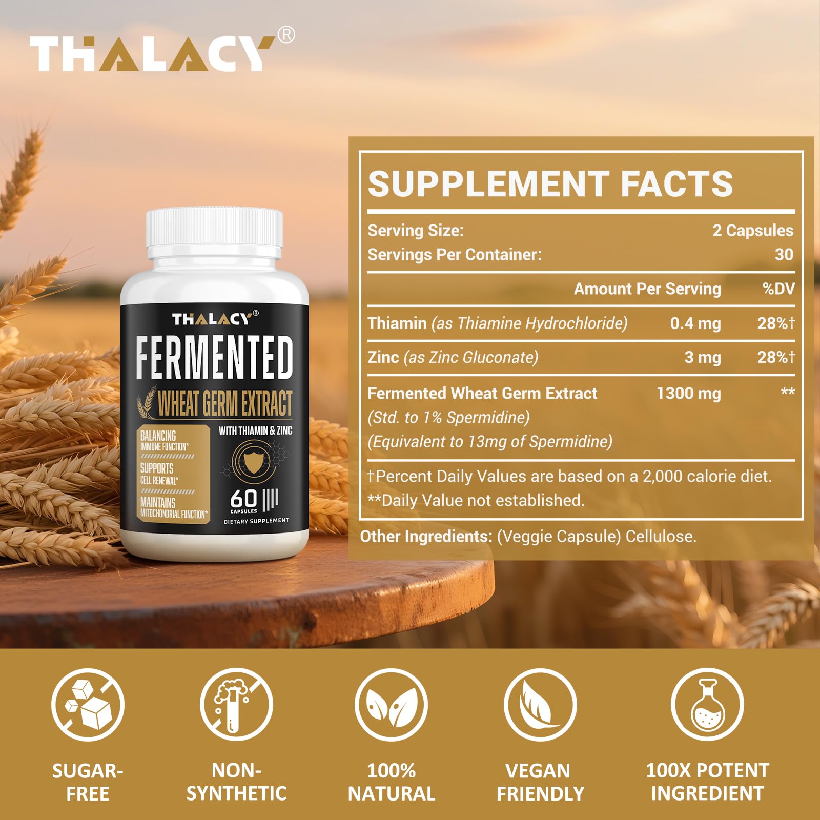 Thalacy Spermidine capsules close-up highlighting vegan, solvent-free formula for daily use