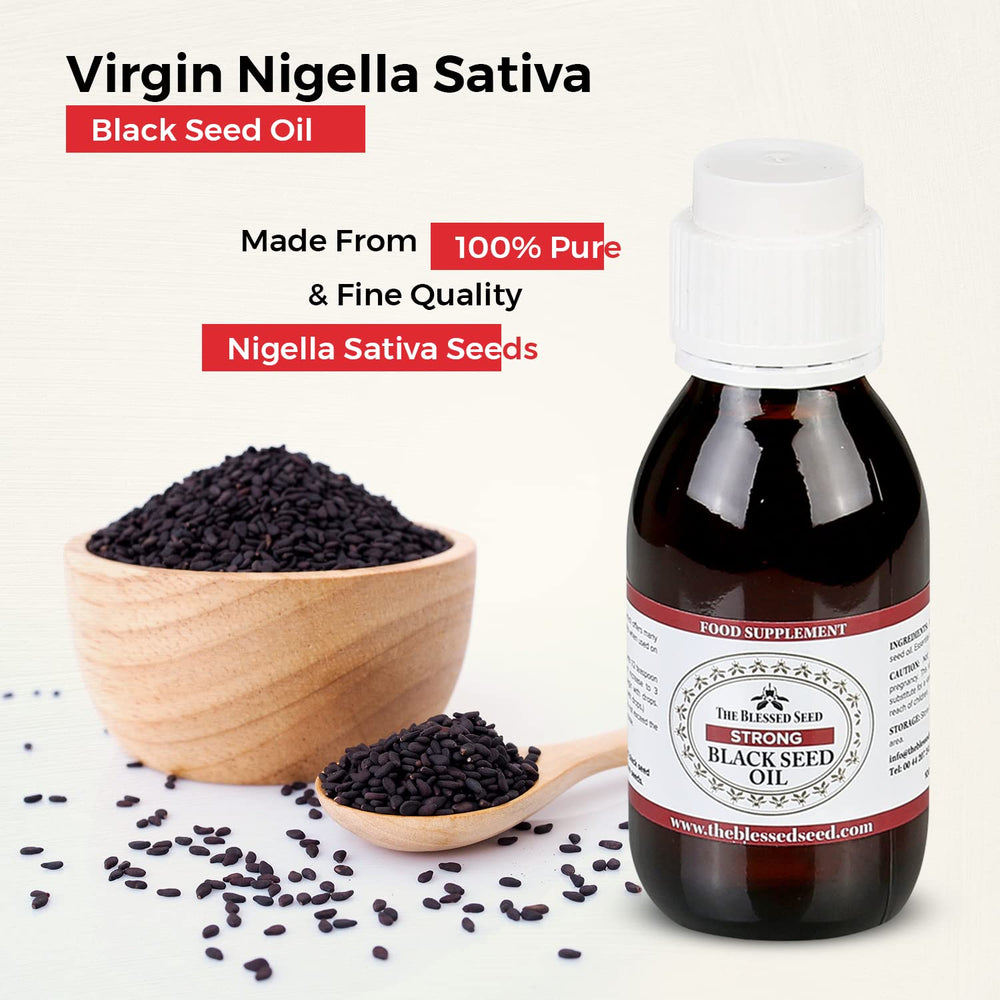 Product packaging front and back for The Blessed Seed Black Seed Oil