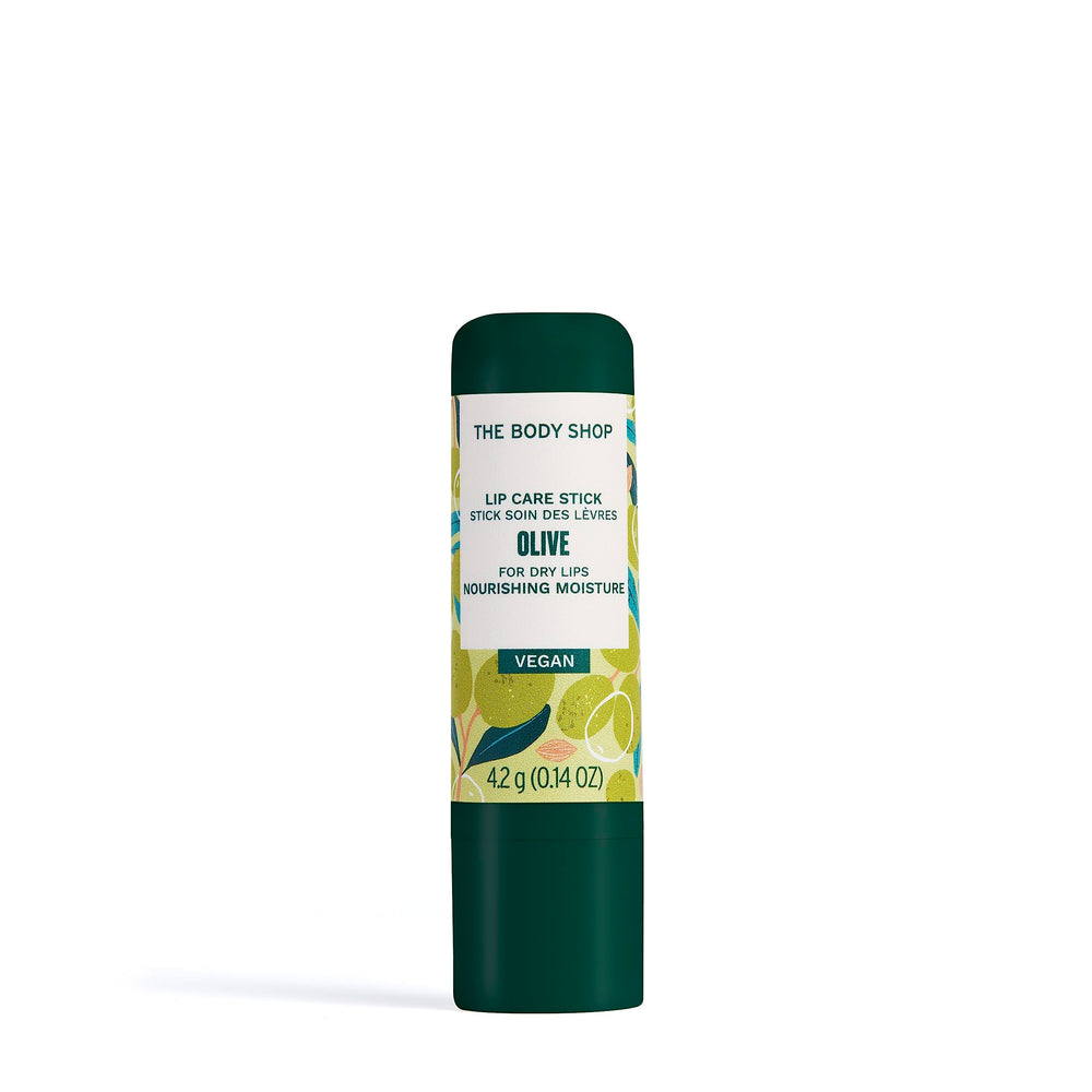 The Body Shop Olive Lip Care Stick shows smooth application for quick moisture on the go.