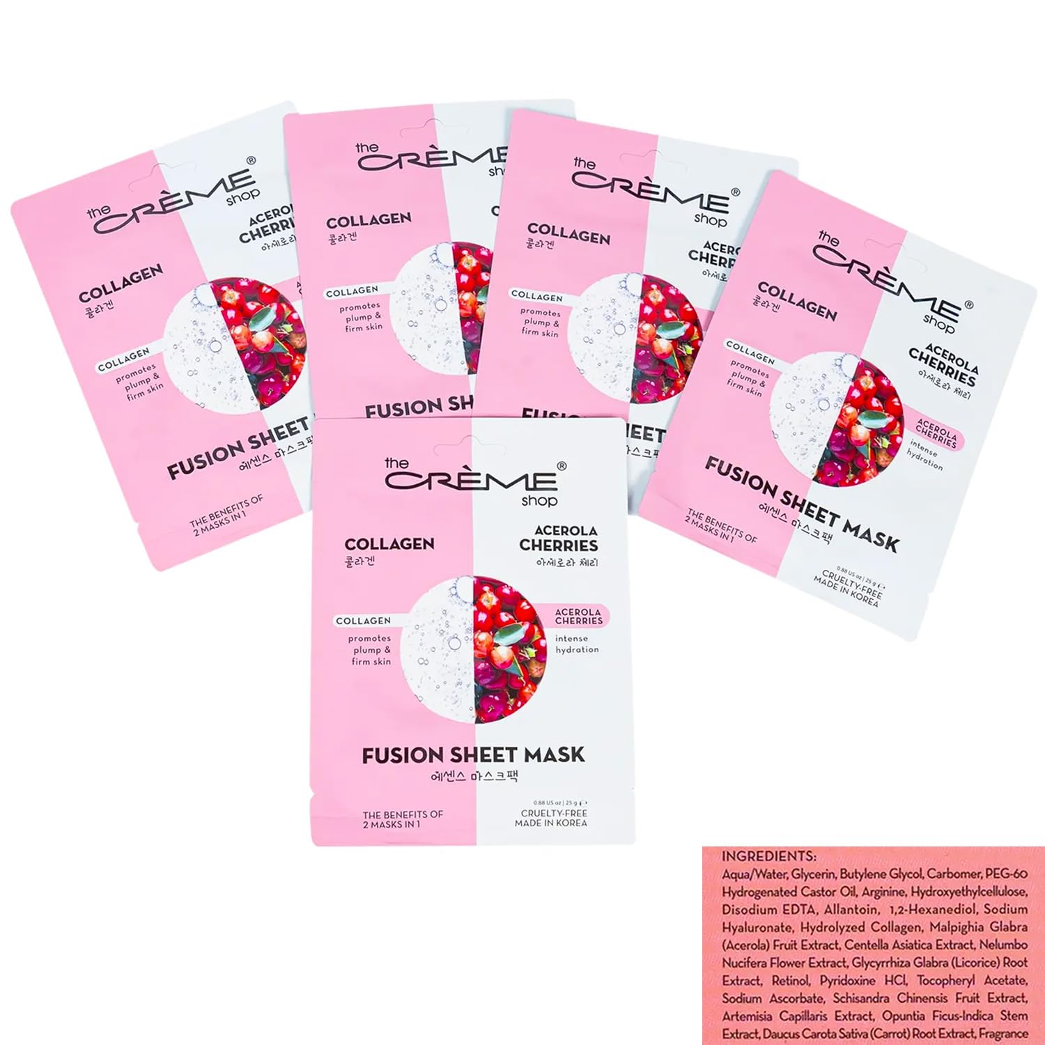 The Crème Shop collagen and acerola masks promote a firmer, plump complexion