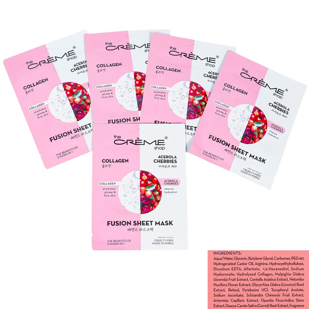 The Crème Shop collagen and acerola masks promote a firmer, plump complexion