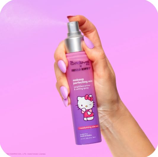 The Creme Shop Hello Kitty Purple mist bottle refreshes makeup base for a flawless finish.