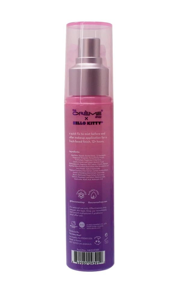 The Creme Shop Hello Kitty Purple mist on the face provides a refreshed look.