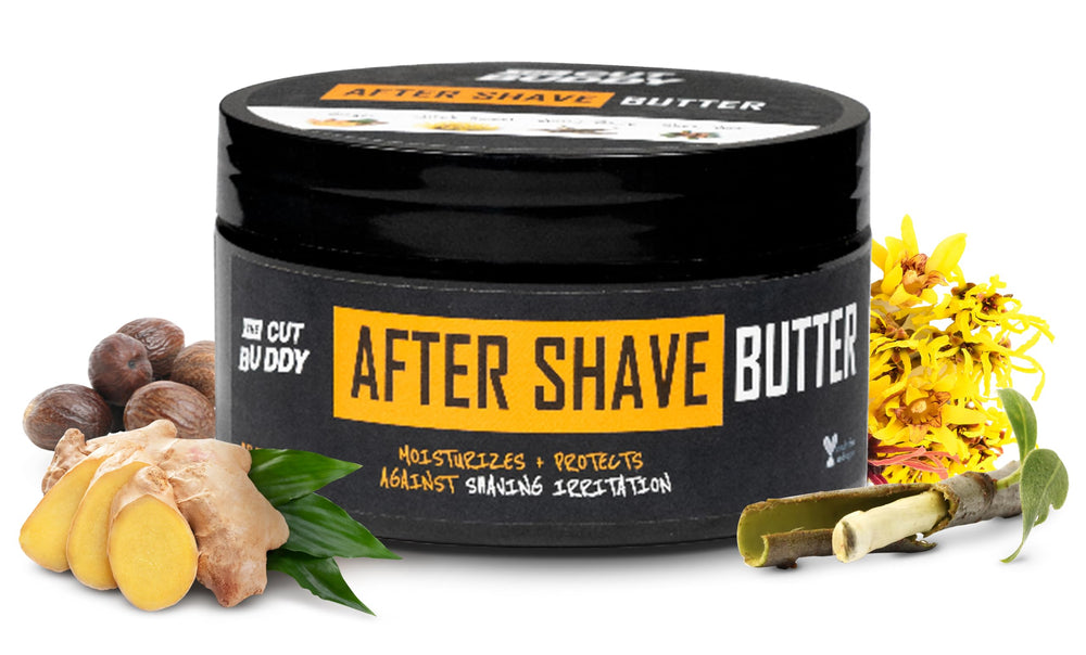 The Cut Buddy after shave butter jar close-up for post-shave moisture.
