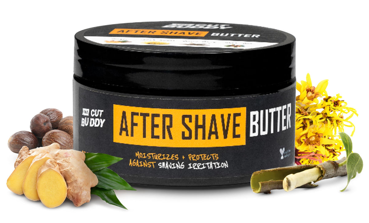 The Cut Buddy after shave butter jar close-up for post-shave moisture.