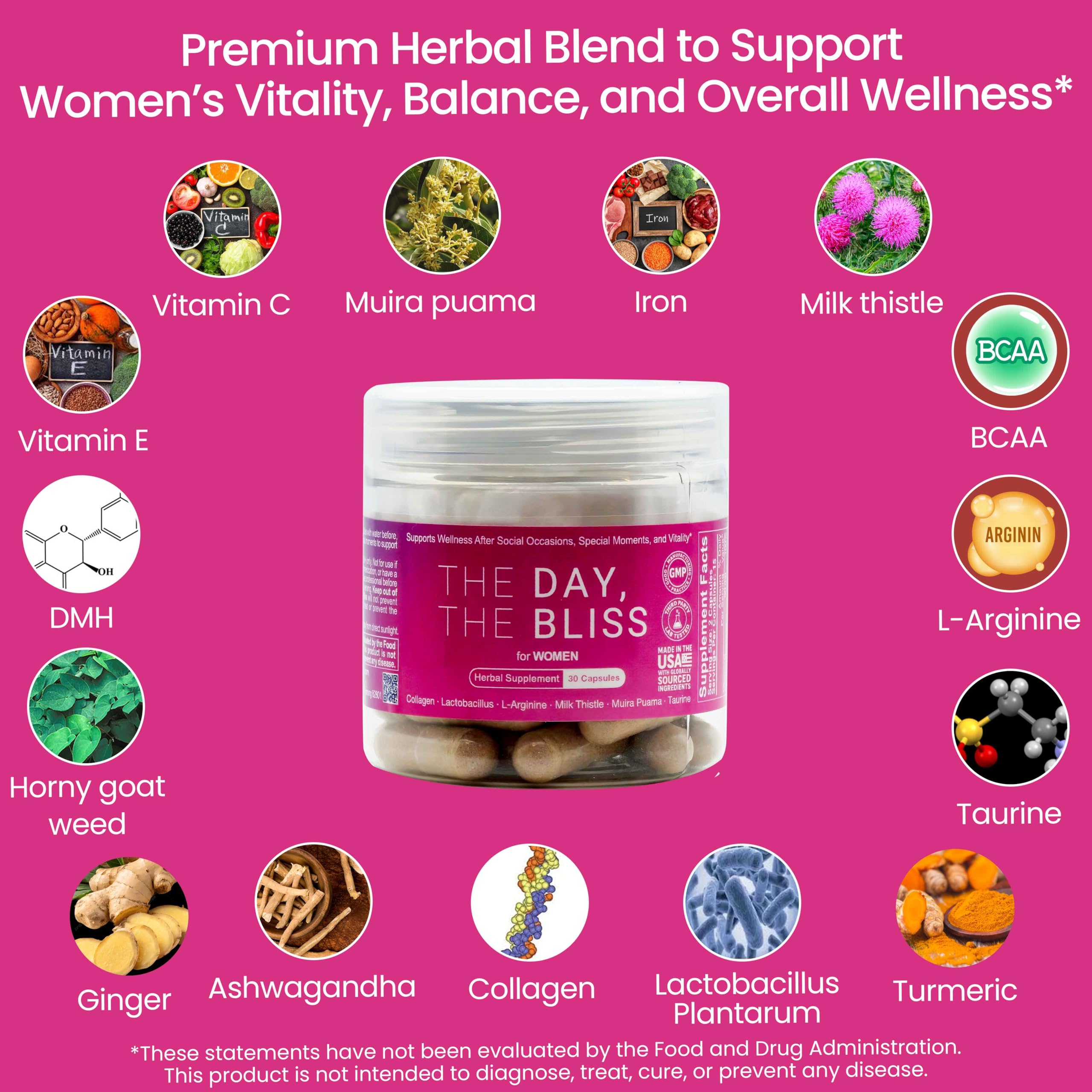 The Day The Bliss packaging box showcases triple-function wellness for women.