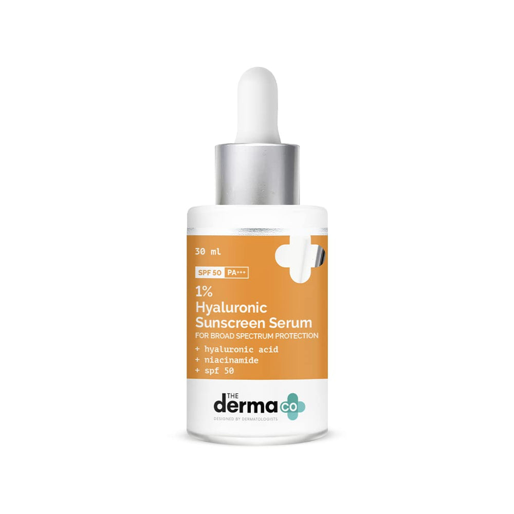 The Derma Co Hyaluronic Acid Sunscreen Serum bottle with SPF 50 protection.