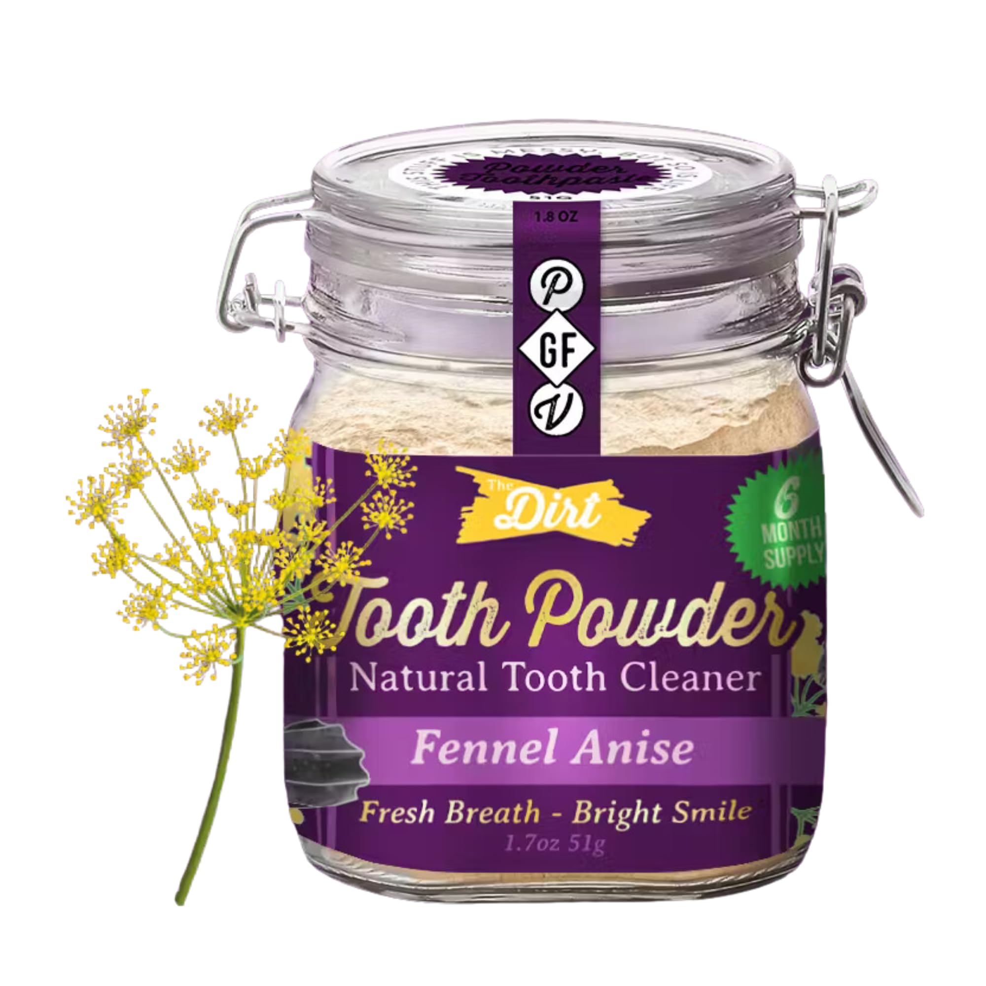 The Dirt remineralizing tooth powder jar with a green label