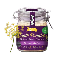 The Dirt remineralizing tooth powder jar with a green label