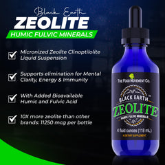 The Food Movement Co. Zeolite bottle closeup highlights clear liquid quality.