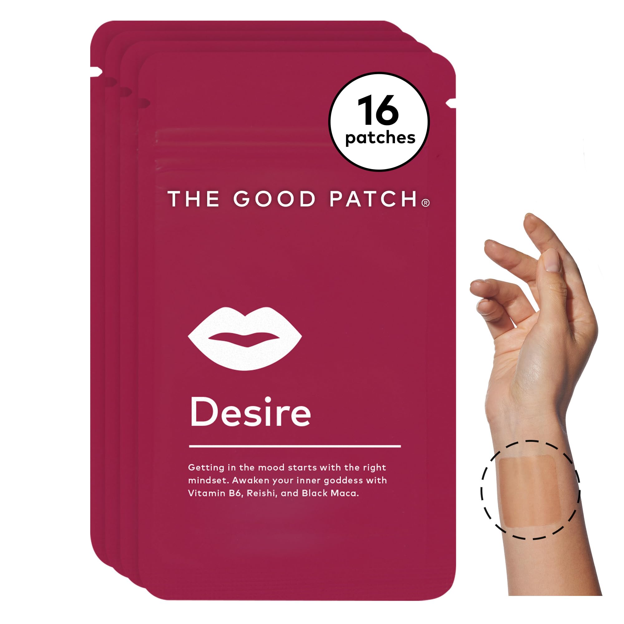 The Good Patch Desire patch packaging with four patches in a resealable pouch