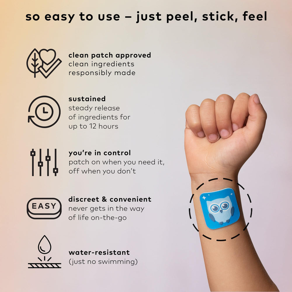 Close-up of The Good Patch Nite Owl adhesive patch on skin for kids.