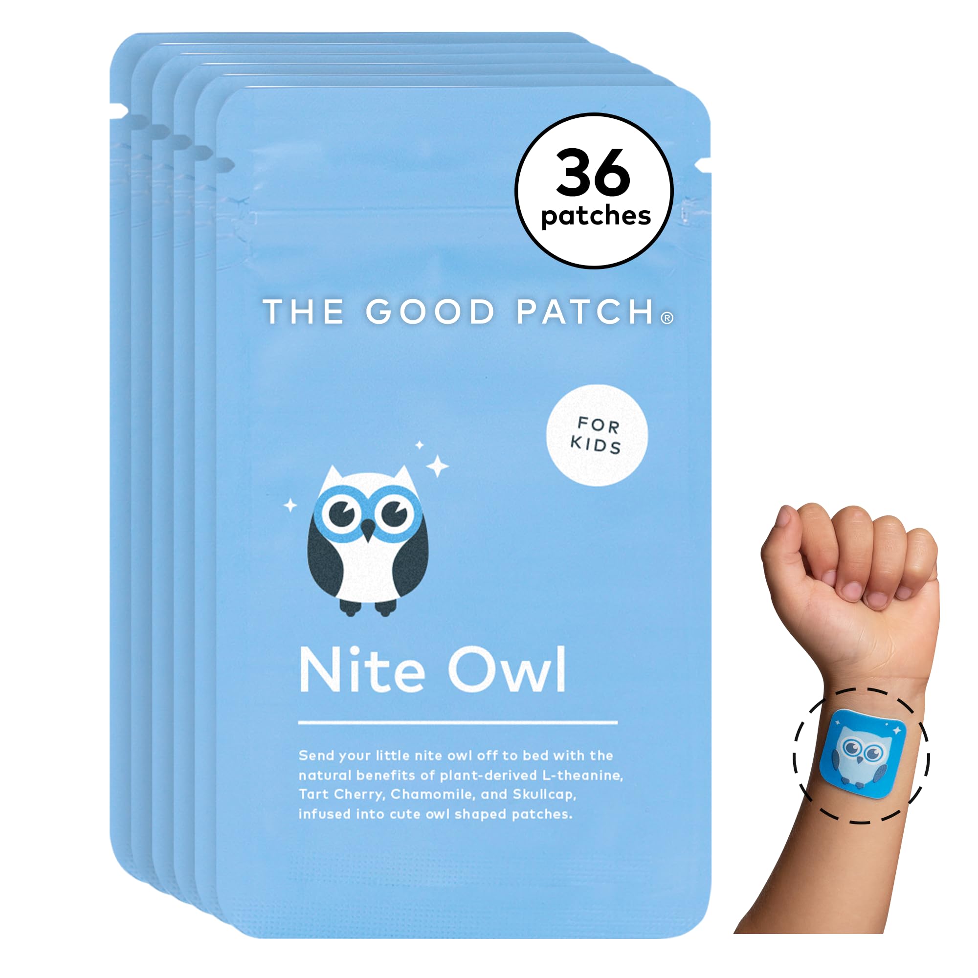 The Good Patch Nite Owl patch on a child’s wrist supports a calm bedtime routine.