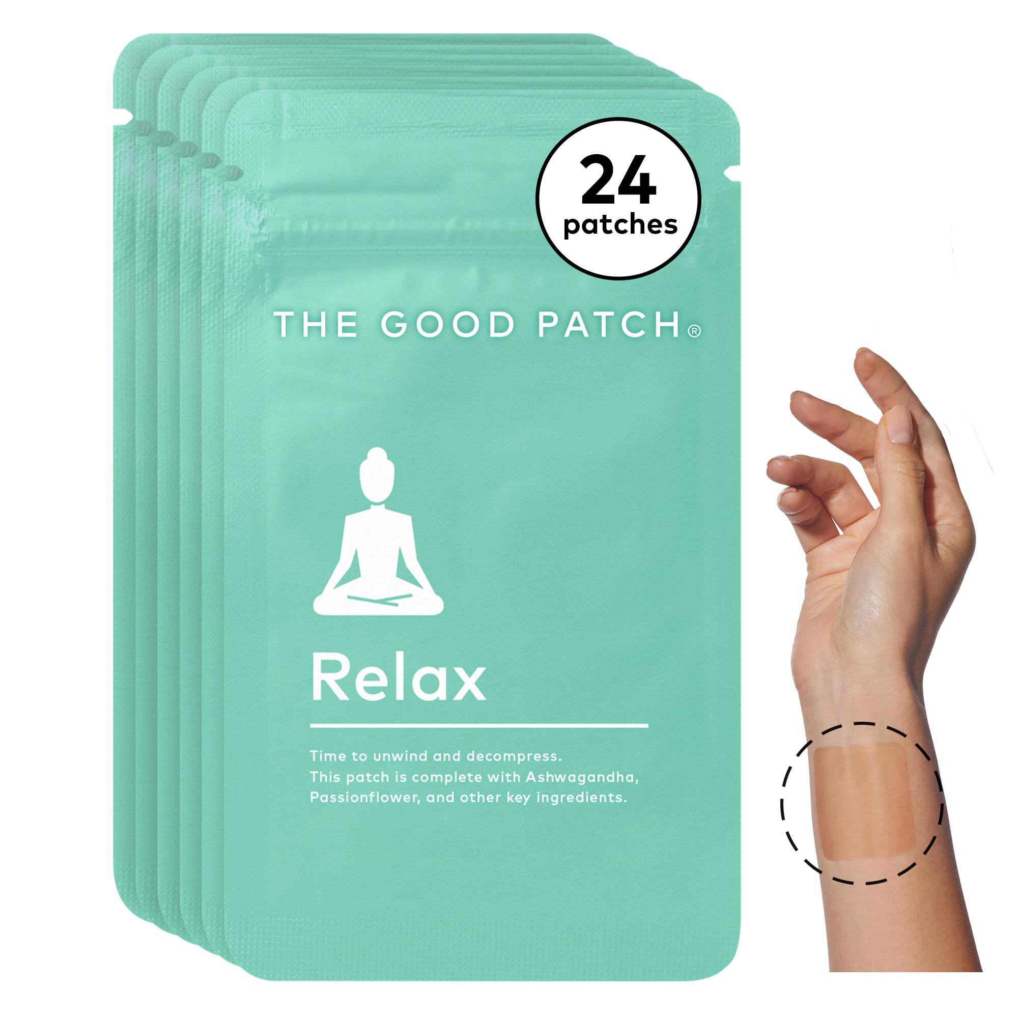 Discreet The Good Patch Relax patch applied to the inside of the wrist