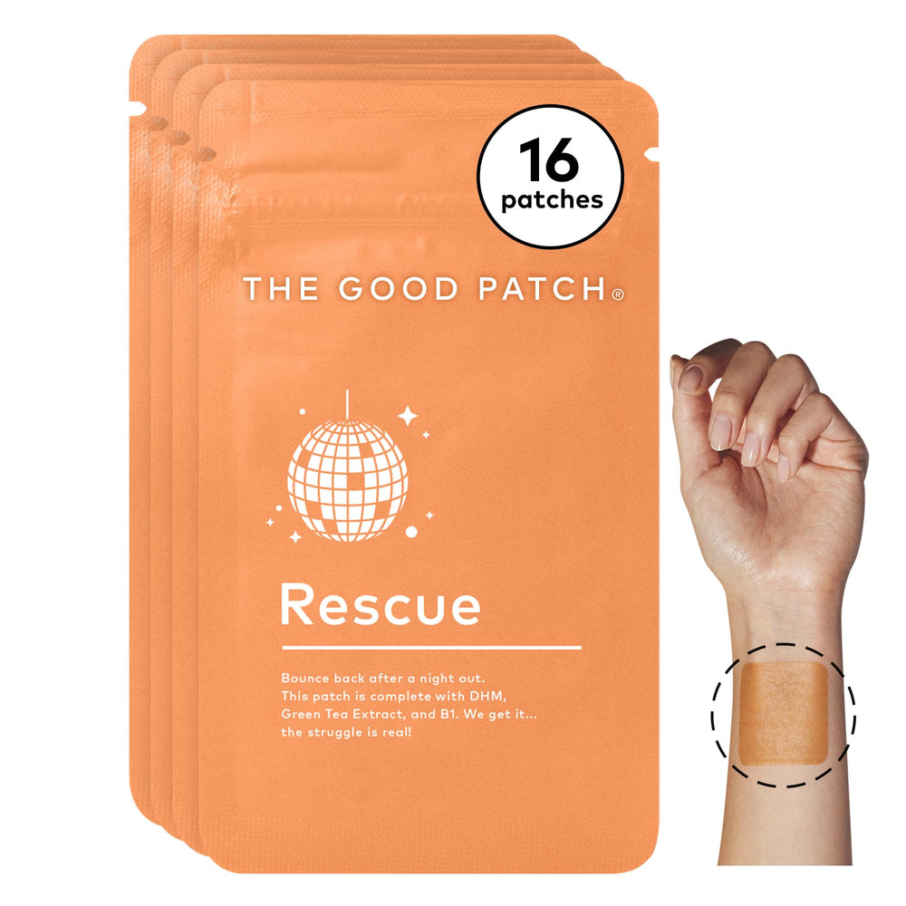 The Good Patch Rescue Patch front view on skin, highlighting a discreet plant-powered wearable.
