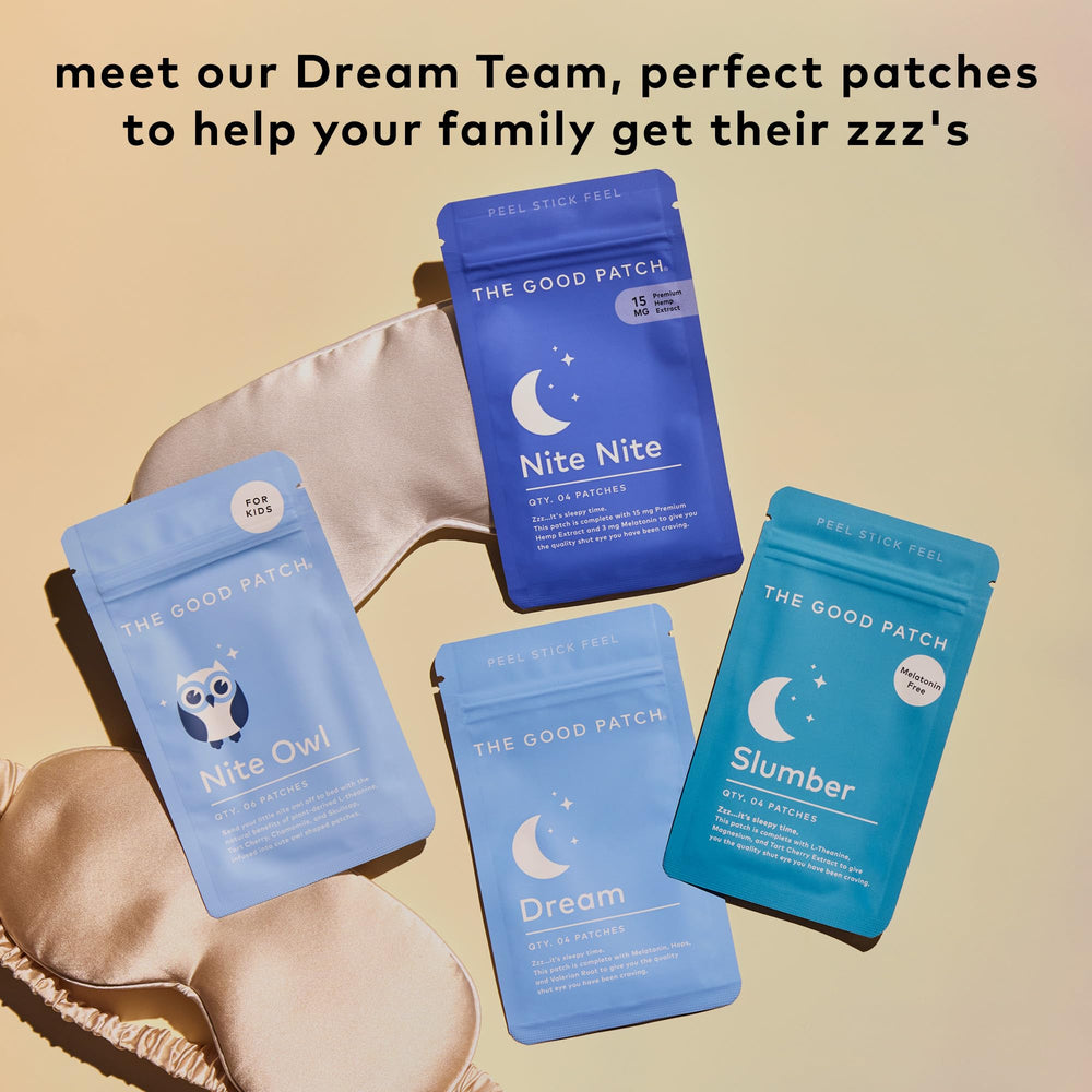 The Good Patch Slumber patch in a dim-lit bedroom for calm before sleep.