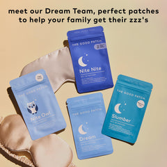 The Good Patch Slumber patch in a dim-lit bedroom for calm before sleep.