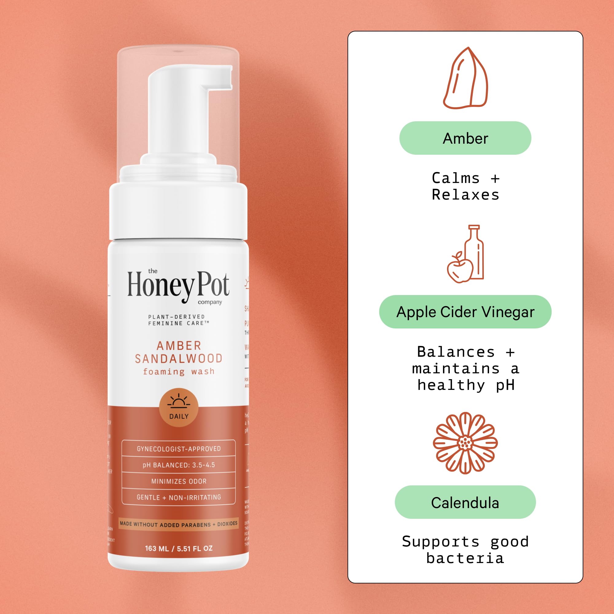 The Honey Pot Amber Sandalwood front-label shot communicates trusted pH-balanced, plant-based care for delicate areas.