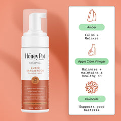 The Honey Pot Amber Sandalwood front-label shot communicates trusted pH-balanced, plant-based care for delicate areas.