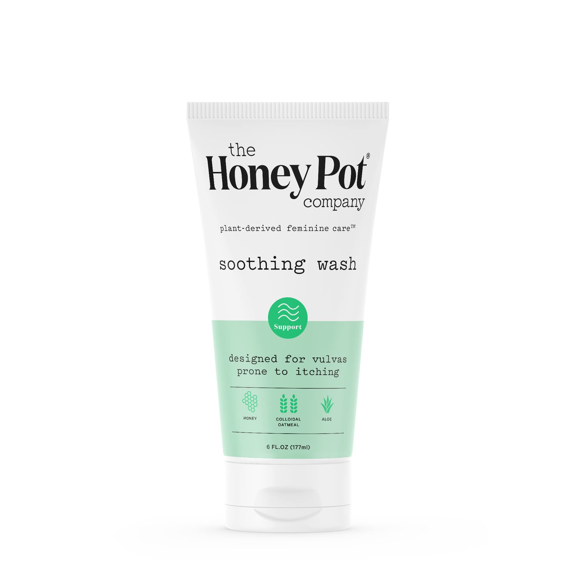 The Honey Pot anti-itch wash bottle close-up showing soothing formula