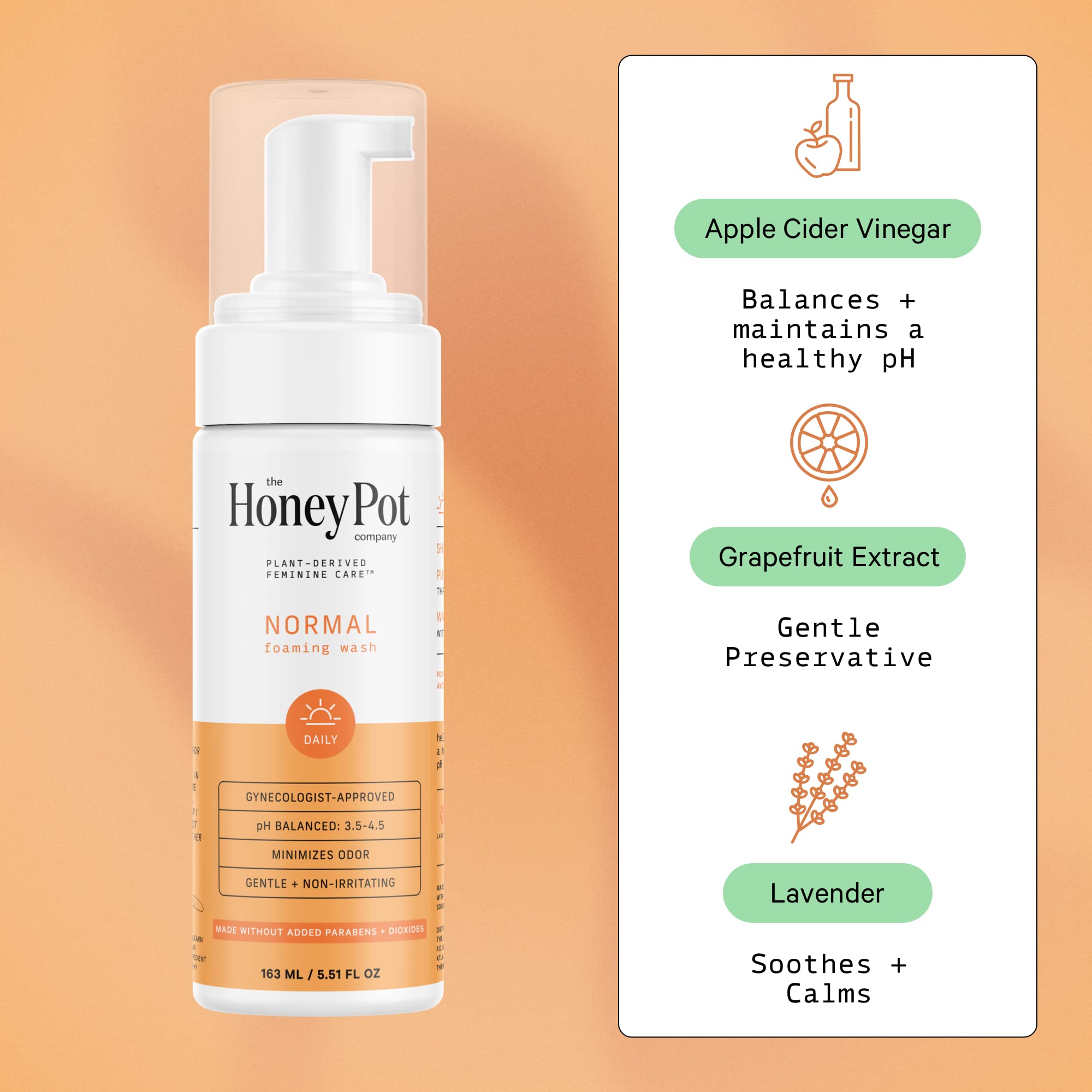 The Honey Pot Company lavender herbal ingredients highlight soothing infusion.