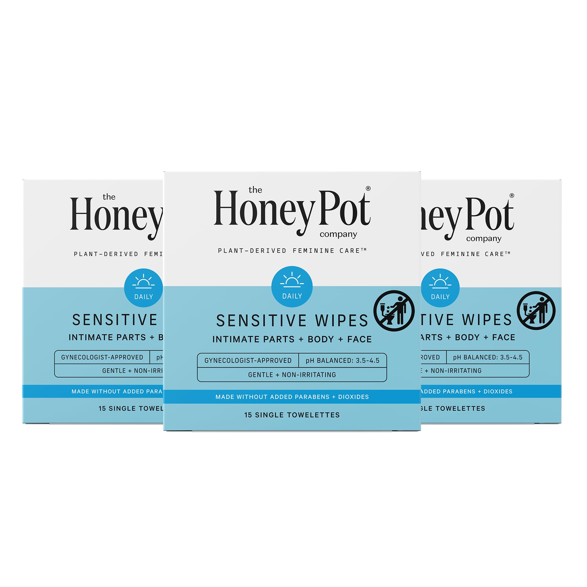The Honey Pot feminine wipes packaging shows 15-count travel-friendly box for on-the-go freshness.