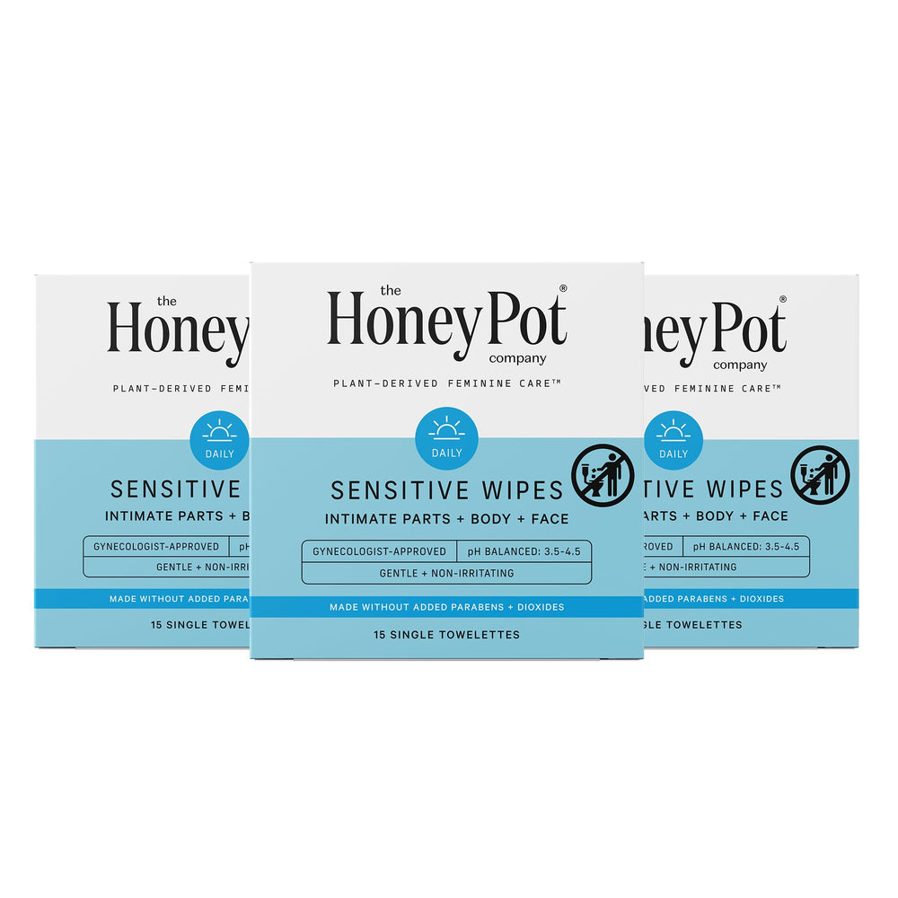 The Honey Pot feminine wipes packaging shows 15-count travel-friendly box for on-the-go freshness.