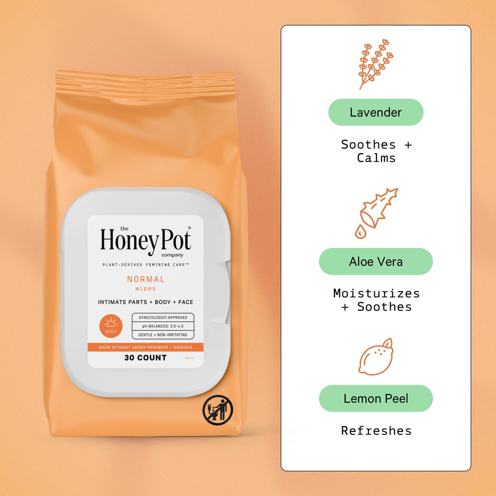 The Honey Pot Normal Wipes open resealable soft-pack for easy access.