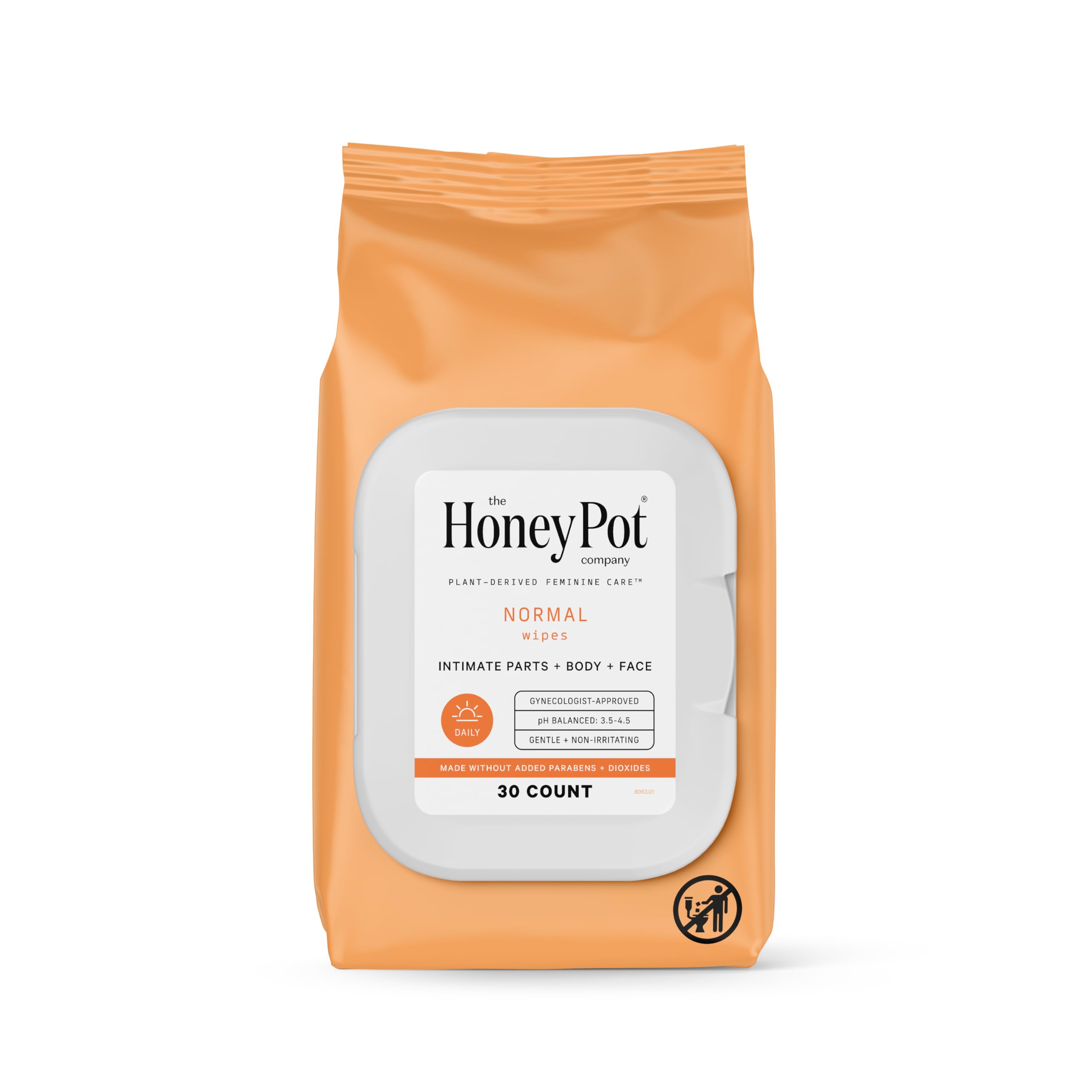 The Honey Pot Normal Feminine Wipes packaging shows a resealable 30-count pouch for on-the-go freshness.