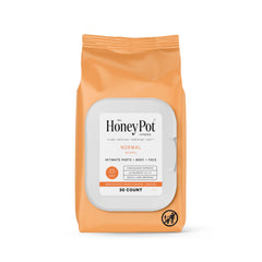 The Honey Pot Normal Feminine Wipes packaging shows a resealable 30-count pouch for on-the-go freshness.