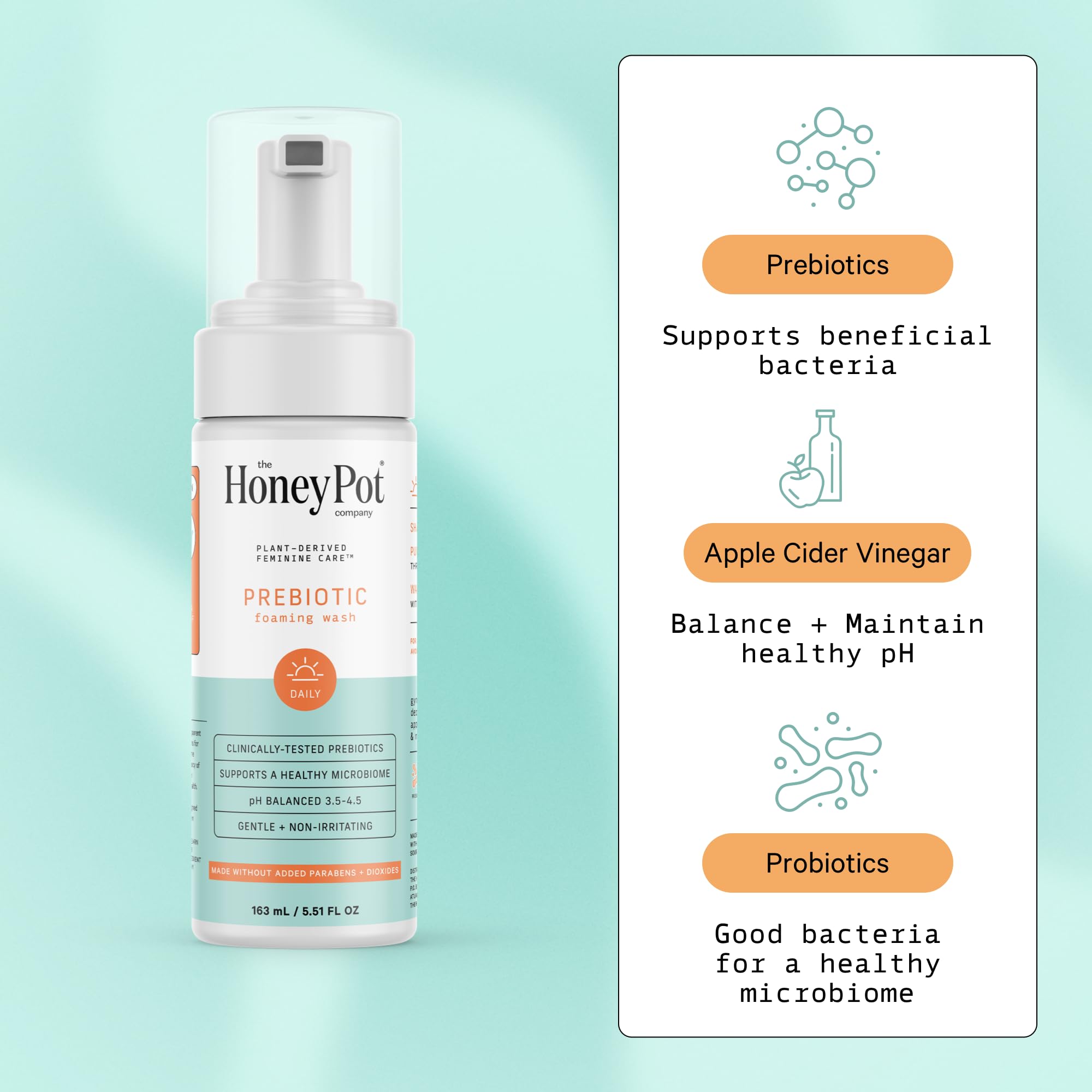 The Honey Pot Prebiotic Wash foaming lather demonstrates rich cleansing foam for daily use