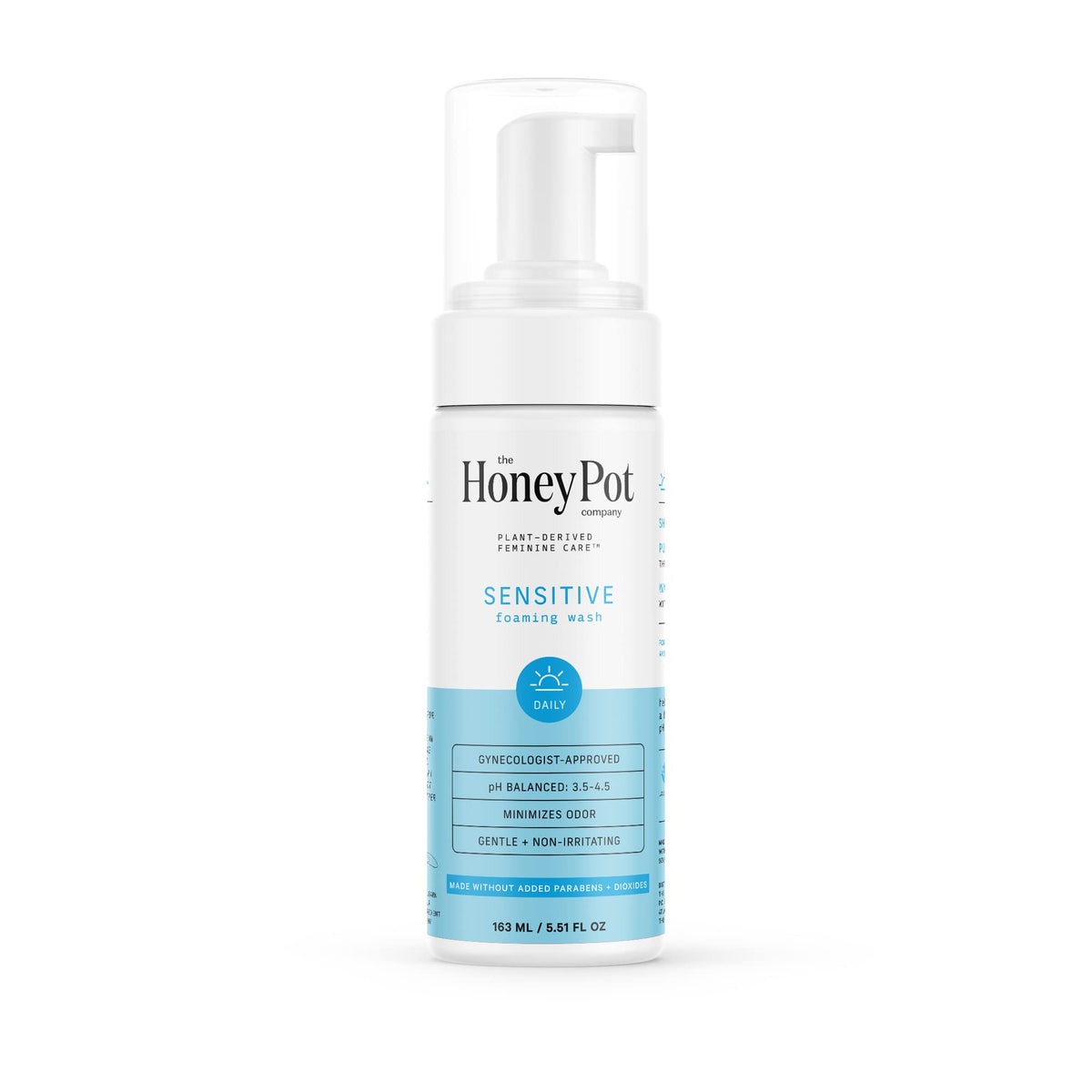 The Honey Pot Sensitive Feminine Wash pump bottle shows easy daily cleansing for delicate skin.