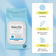 The Honey Pot Sensitive Feminine Wipes label closeup showing gentle ingredients.