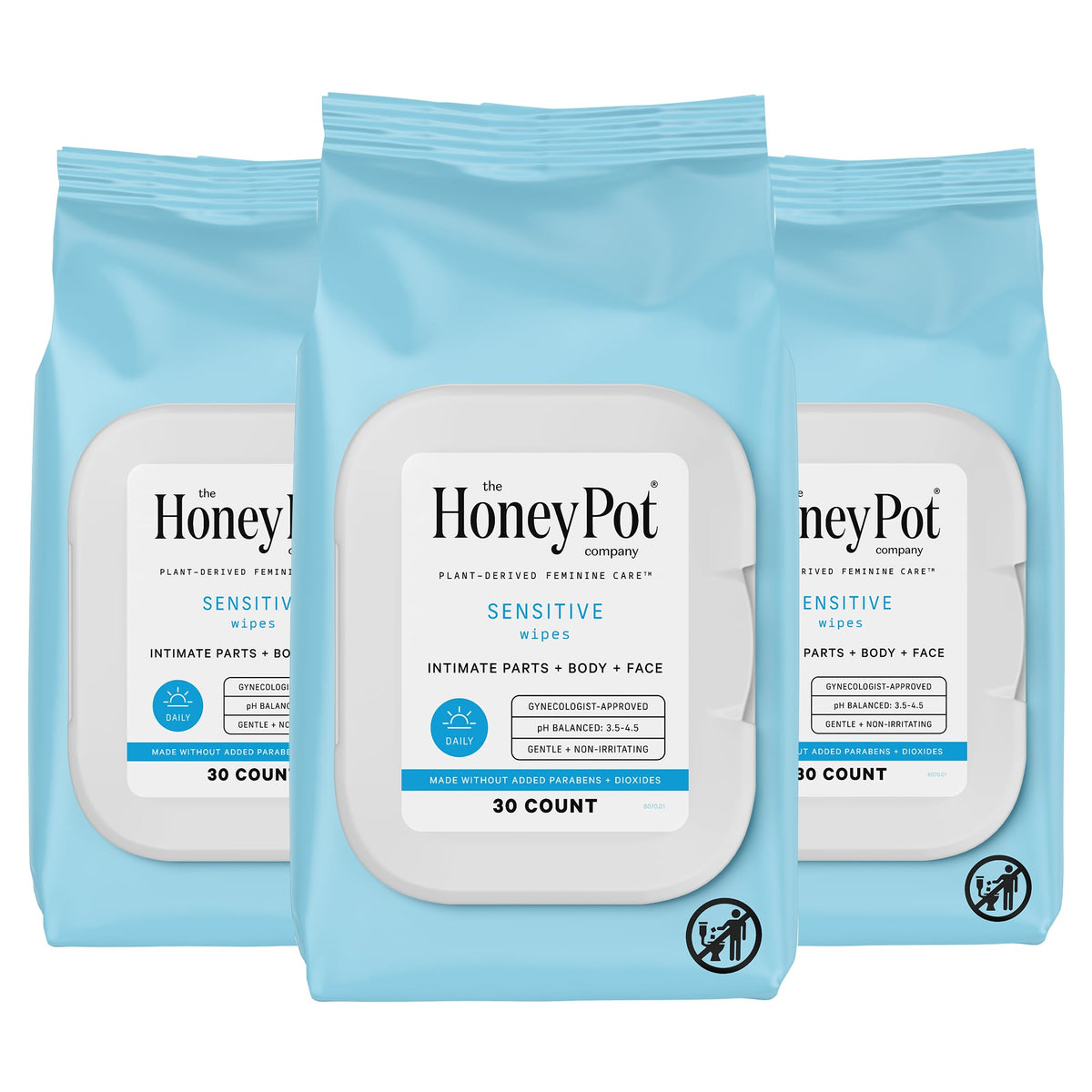 The Honey Pot Sensitive Feminine Wipes outer pack for on-the-go freshness.