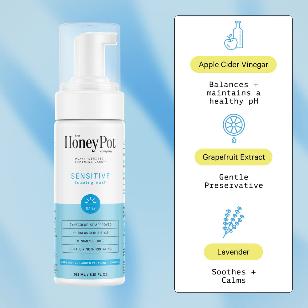 The Honey Pot Sensitive Wash label close-up highlighting a pH-balanced plant-based formula