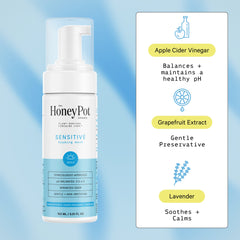 The Honey Pot Sensitive Wash label close-up highlighting a pH-balanced plant-based formula