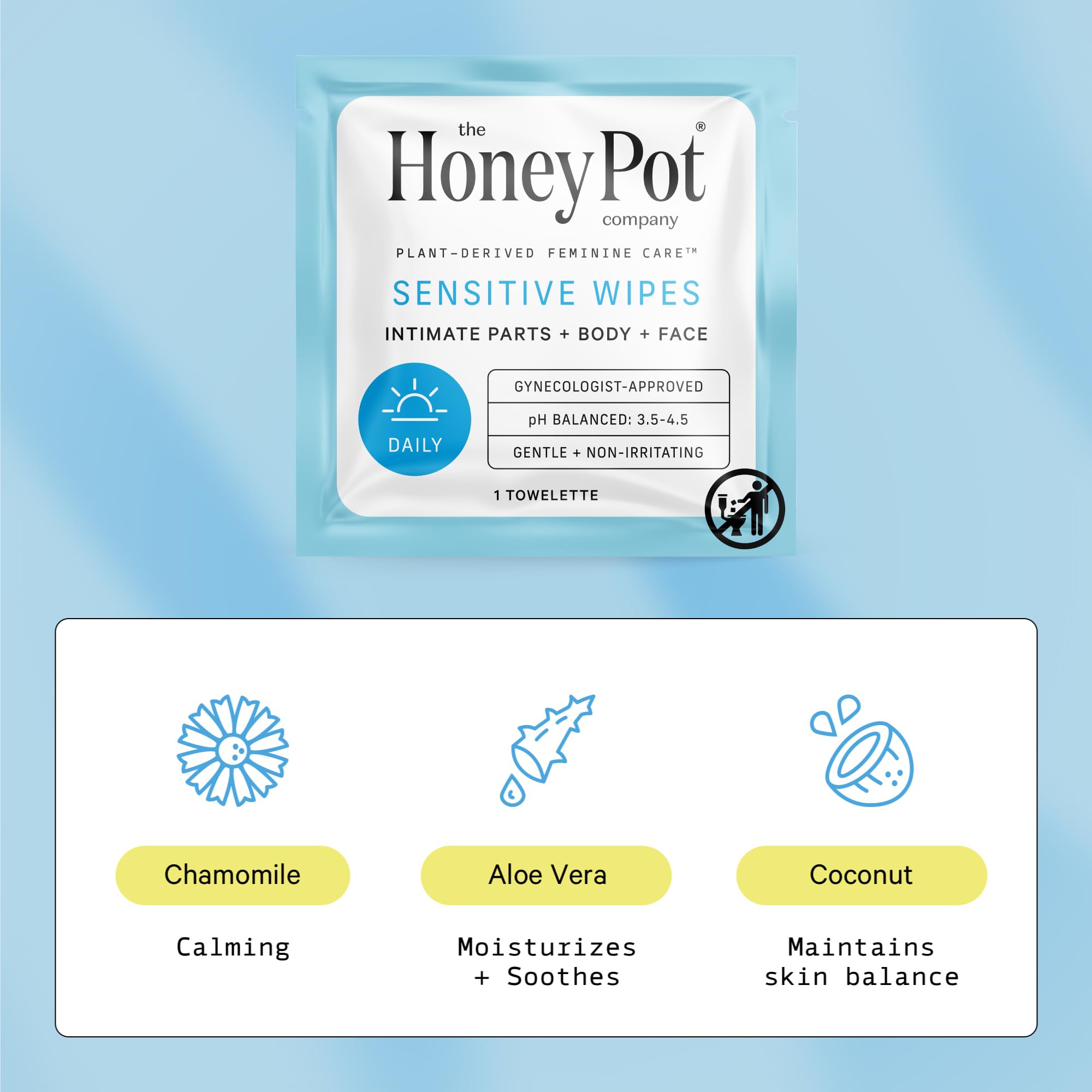 The Honey Pot sensitive wipes moisturize skin for daily intimate care.