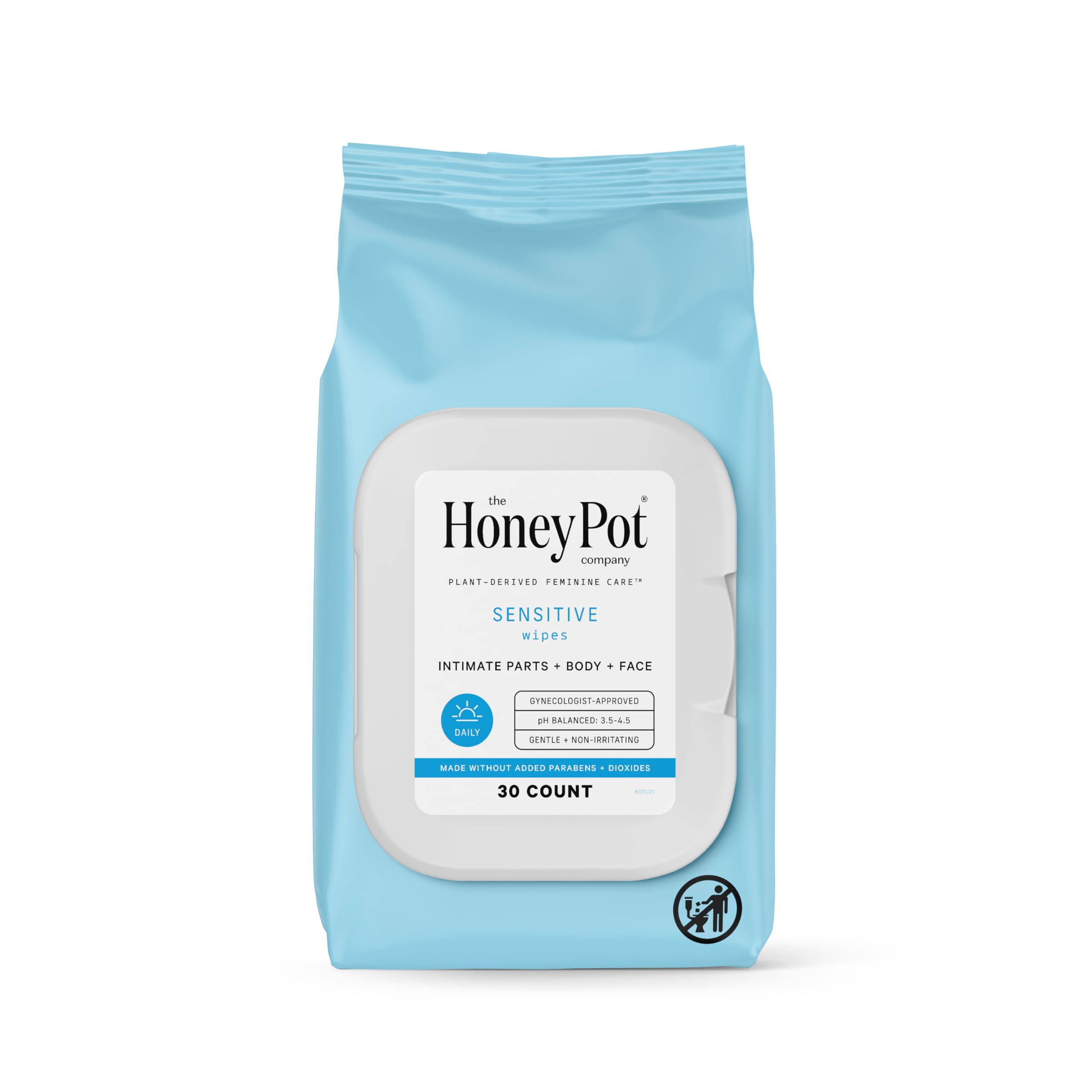 The Honey Pot Sensitive Feminine Wipes packaging conveys travel-ready freshness.