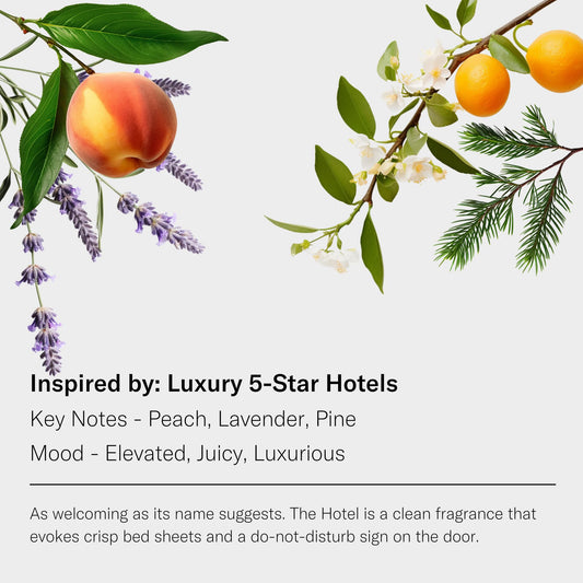 Close-up of The Hotel fragrance bottle showing lemon, orange and peach hints