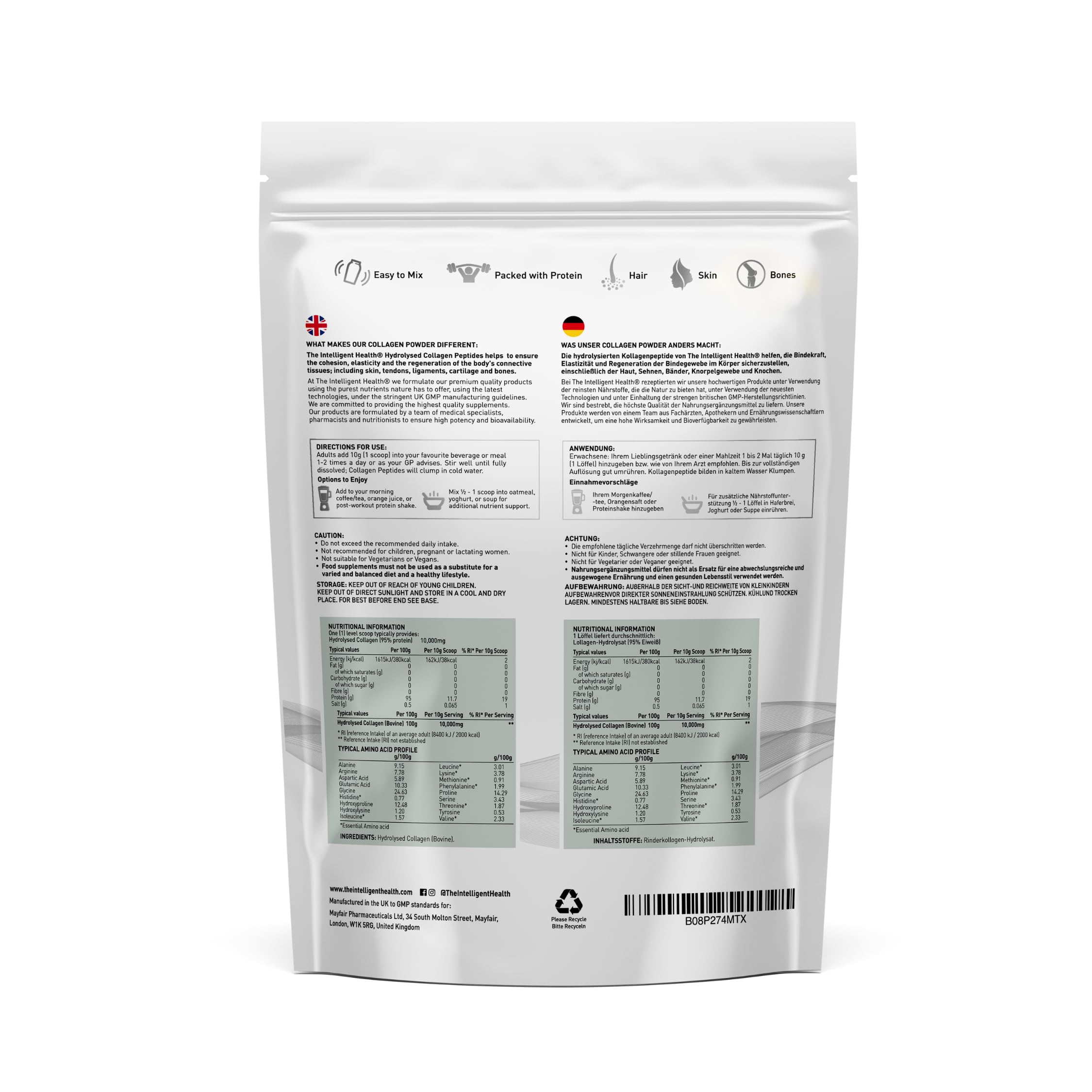 The Intelligent Health collagen powder being poured into a glass for convenient use